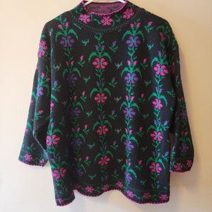 Vintage 1980s Justin Allen Floral Oversized Black/Pink/Purple Mock Neck Sweater